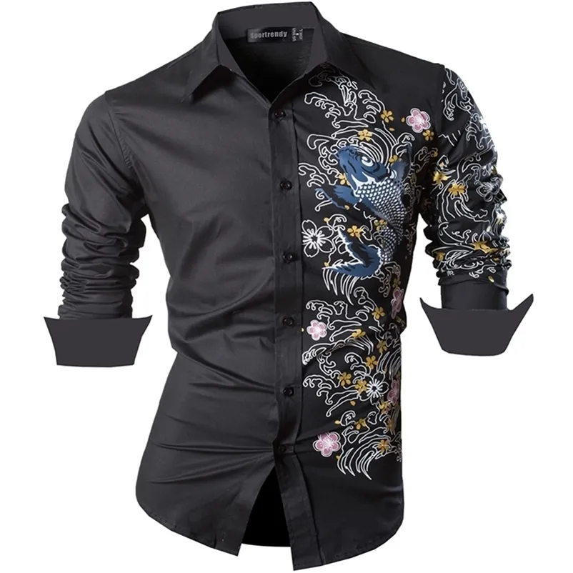 Sportrendy Мужское платье-рубашка Повседневное с длинным рукавом Slim Fit Fashion Dragon Stylish JZS091 Черный 220222