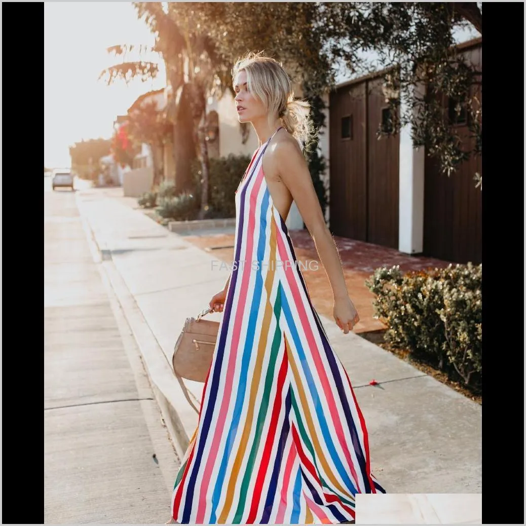 Summer Long Dresses Women Rainbow Striped