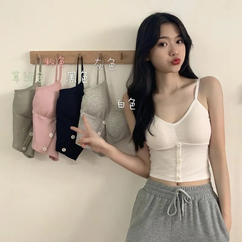 Korean Edition Button Pure Color Underwear For Fitness Suspenders Vest Girls Inside Build Outside Wear Slim Sleeveless Yoga Outfit