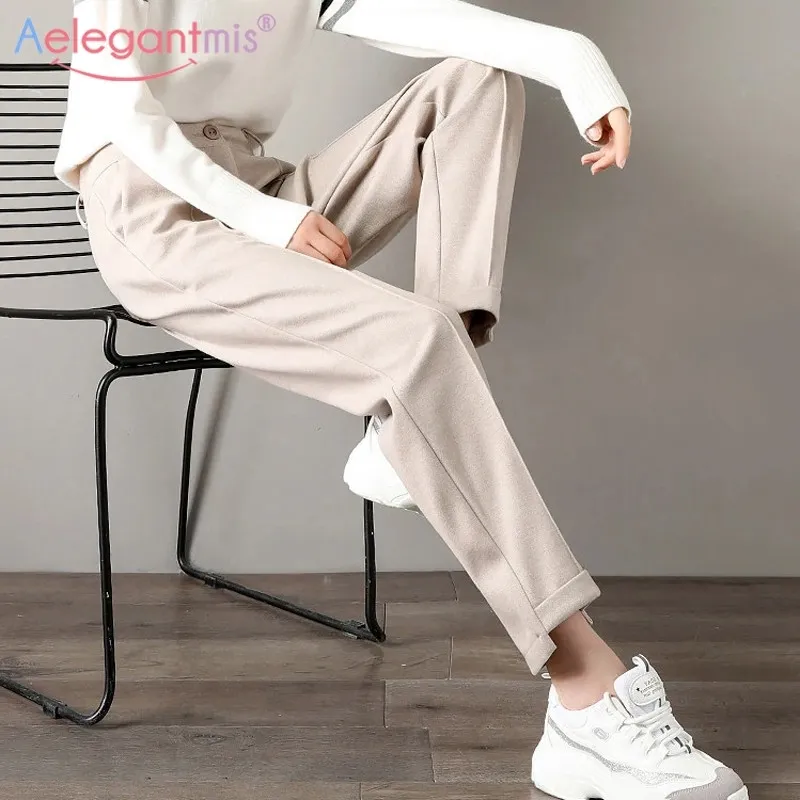Aelegantmis High Quality Soft Wool Pants Women Waist Black Oatmeal Office Lady Trousers Casual Capris Tapered Woman 210607