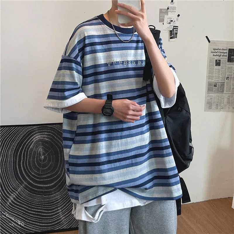 Privathinker herr randig kortärmad t-shirt mode kvinna koreanska streetwear topps manliga t skjortor kläder 210506