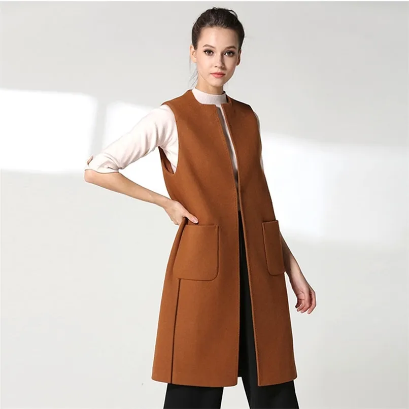 Plus Size Mouwloze Vest Vest Herfst Dunne Wollen Vesten Vrouwen O Neck Pocket Zoom Split Lange Geest Dames Zwart Vestjassen 210910