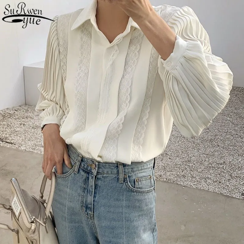 Spring Fashion Lace Shirts Lapel Lady's Top Creamy-white Pleated Long Sleeve Blouse Women Elegant Female 12637 210427