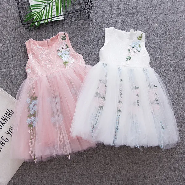 Nouvelles filles robe d'été enfants mode sans manches floral princesse maille robes pour enfants prom party vêtements filles robe de mariée Q0716