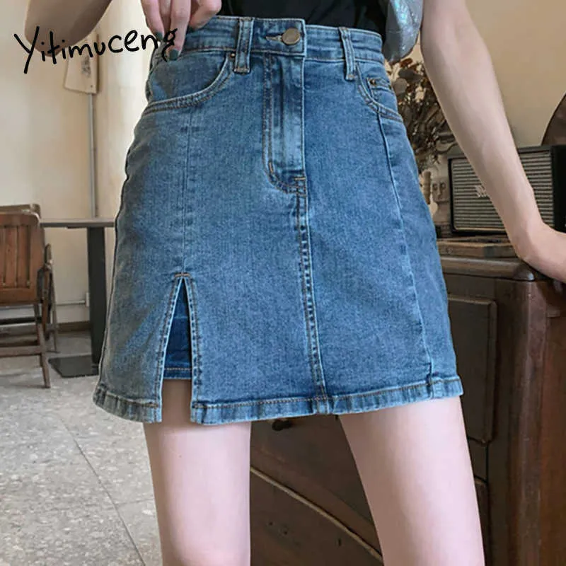 Yitimuceng Denim Damen Röcke Sommer Split Gabel Plus Größe Slim Hohe Taille Unicolor Blau Koreanische Mode Büro Dame Rock 210601