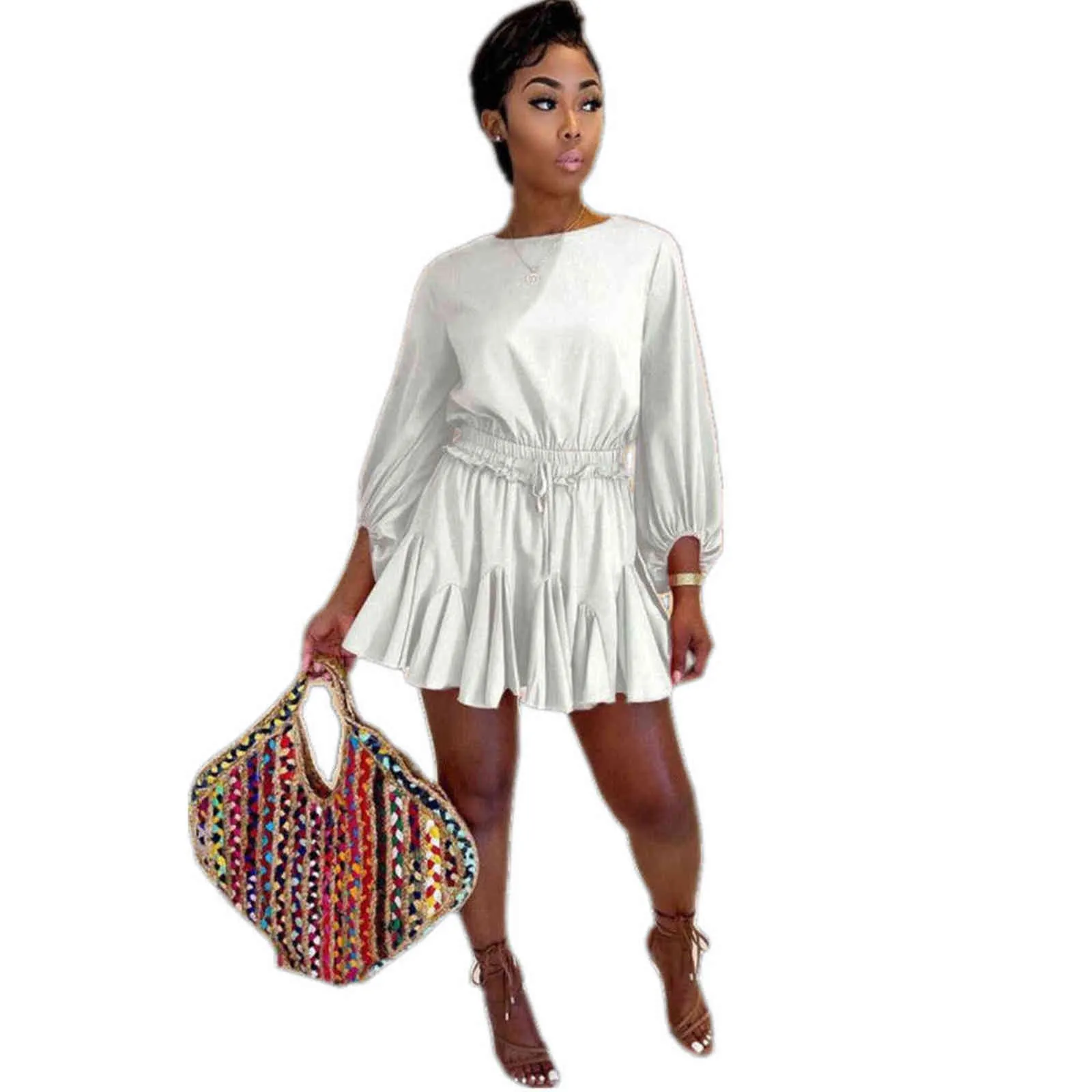 2021Casual white dress summer African dress O-neck bubble sleeve high waist loose party dress ladies office work clothesVestidos