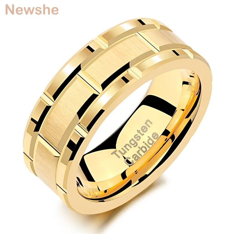 she Mens Tungsten Carbide Ring 8mm Yellow Gold Color Brick Pattern Brushed Bands For Him Wedding Jewelry Size 9-13 211217