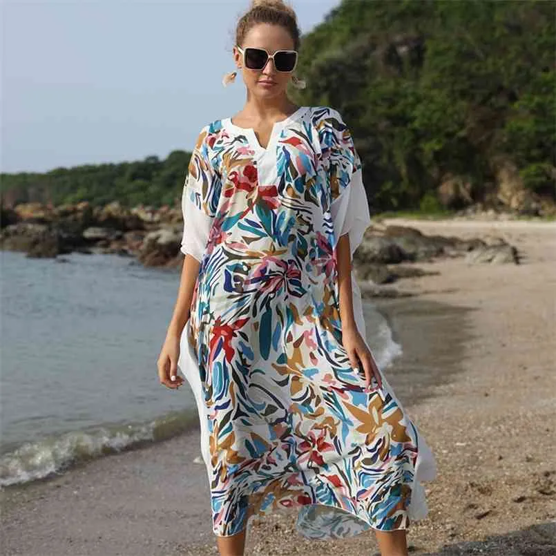 Seksi Bohemian Maxi Elbise Artı Boyutu Uzun Kapak UPS Beach Tunik Pareo De Plage Mayo Kapak Kıyafet Swimsuit Up 210722