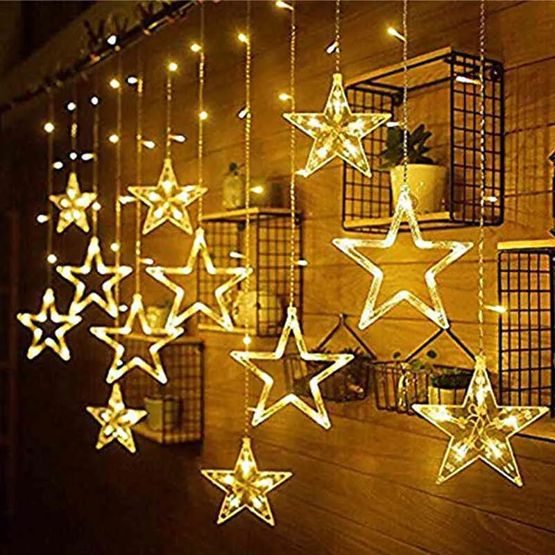 Noel Peri Işıkları Festoon Yıldız Garland Pencere Perde Kapalı Ağacı Dekorasyon Cadılar Bayramı Düğün Dize Işık 210419
