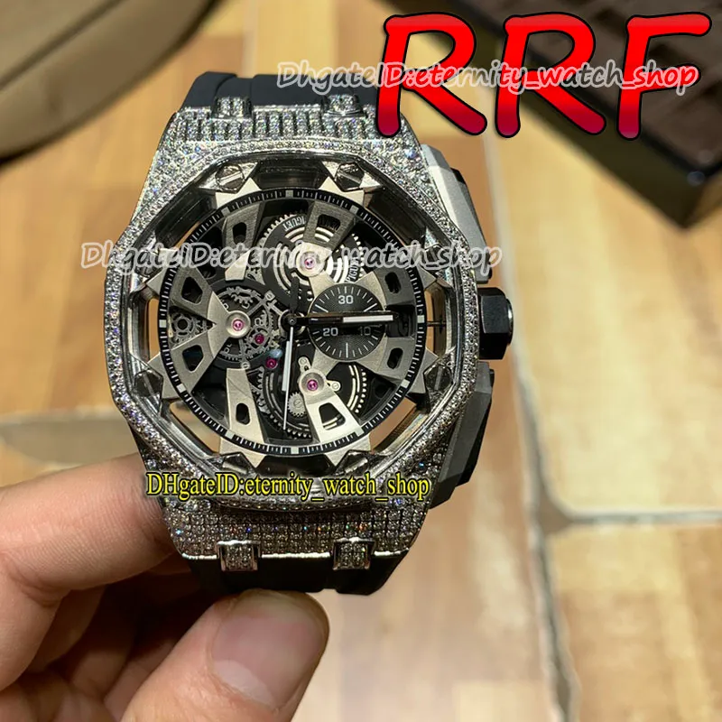 Eternity Watches RFF 26421 Skeleton Black Dial Diamond inlay Bezel 904L Steel Case Japan VK Quartz Chronograph Mens Watch Rubber Strap Stopwatch 002001