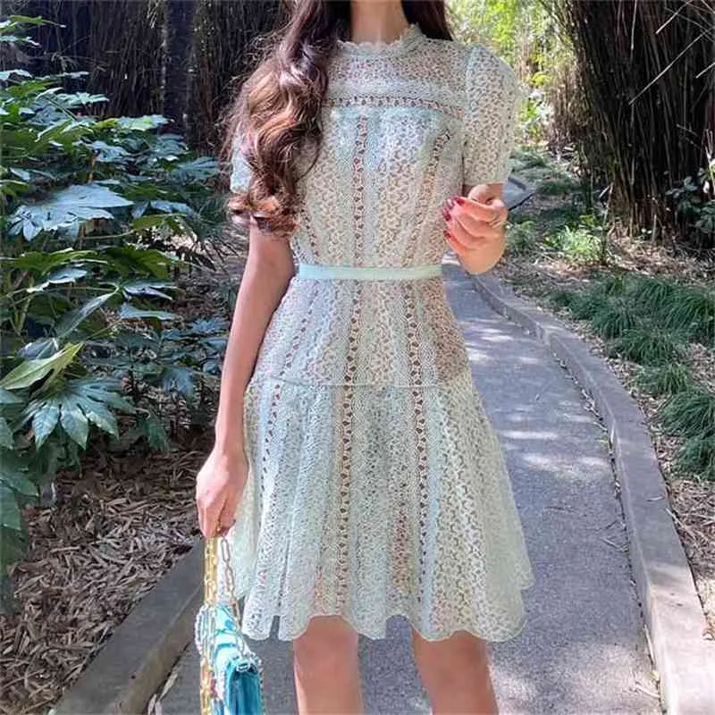 Summer Runway Party Dress Self Portrait Light Green Short Sleeve Lace Fashion Hollow Out es 210603