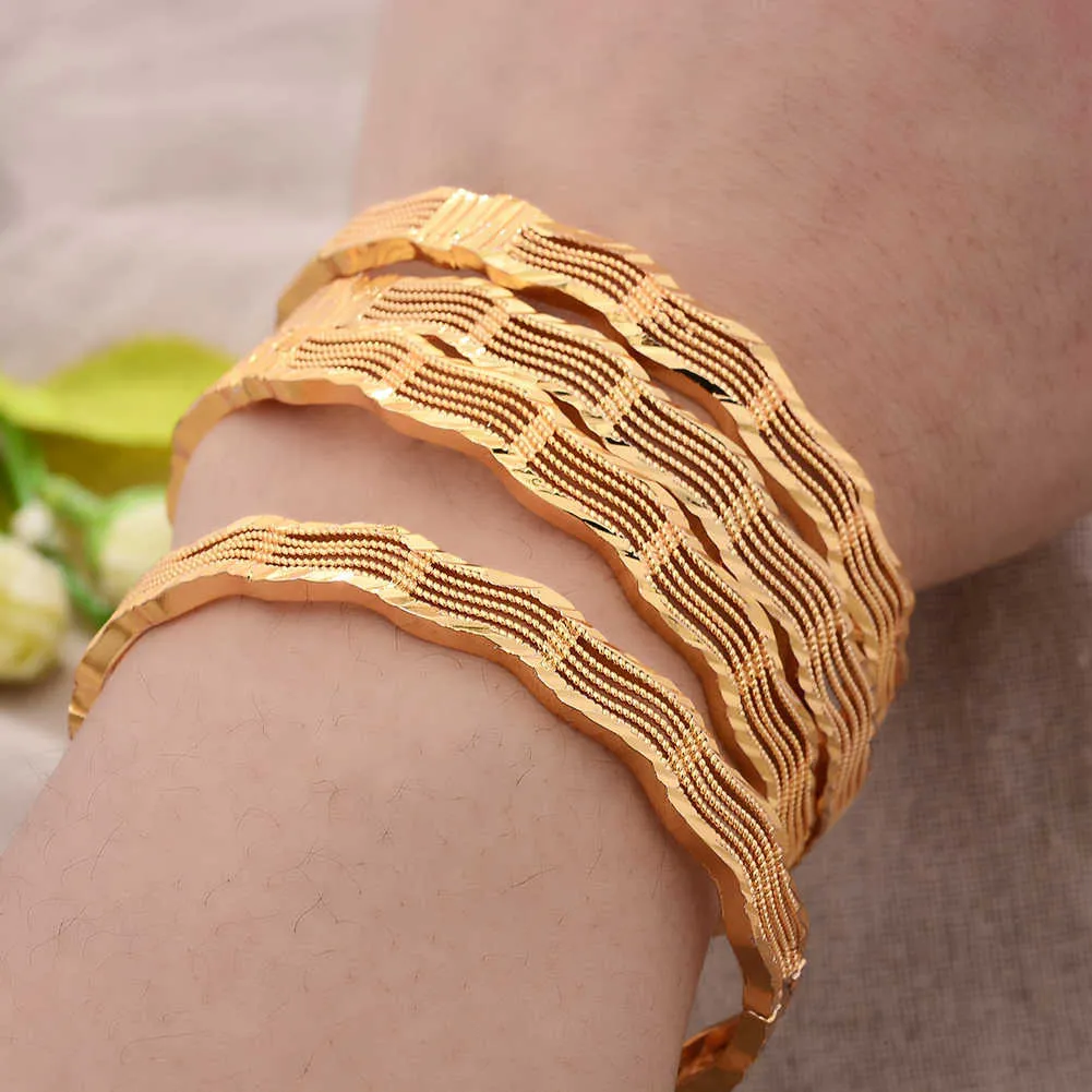 New Design Bangles Ethiopian Grid Gold Color Bangles for Women Dubai Bride Wedding Bracelet African Arab Jewelry Middle East Q0720