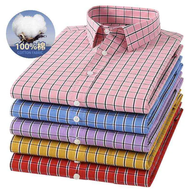 Nieuwe Katoenen Shirts voor Mannen Plaid Lange Mouw Zomer Casual Blouse Basic Regular-Fit Top Dress Shirt Business Mens Fashion Color G0105