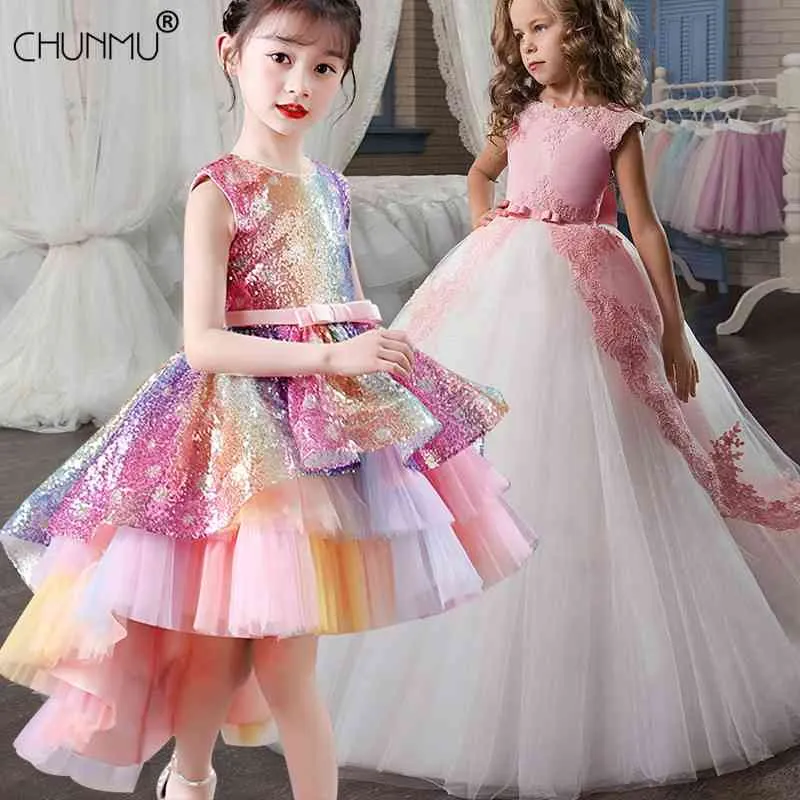 Fleur Big Bow Long Land Robes de bal de bal à 3-14 ans Robes pour fille Enfants Party Vêtements Enfants Soirée Robe Formelle Mariage 210508