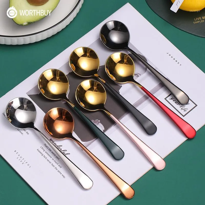 Spoons Worthbuy Colher colorido Sopa 304 Jantar em aço inoxidável com longa sobremesa de alça para cozinha Coffee Scoop