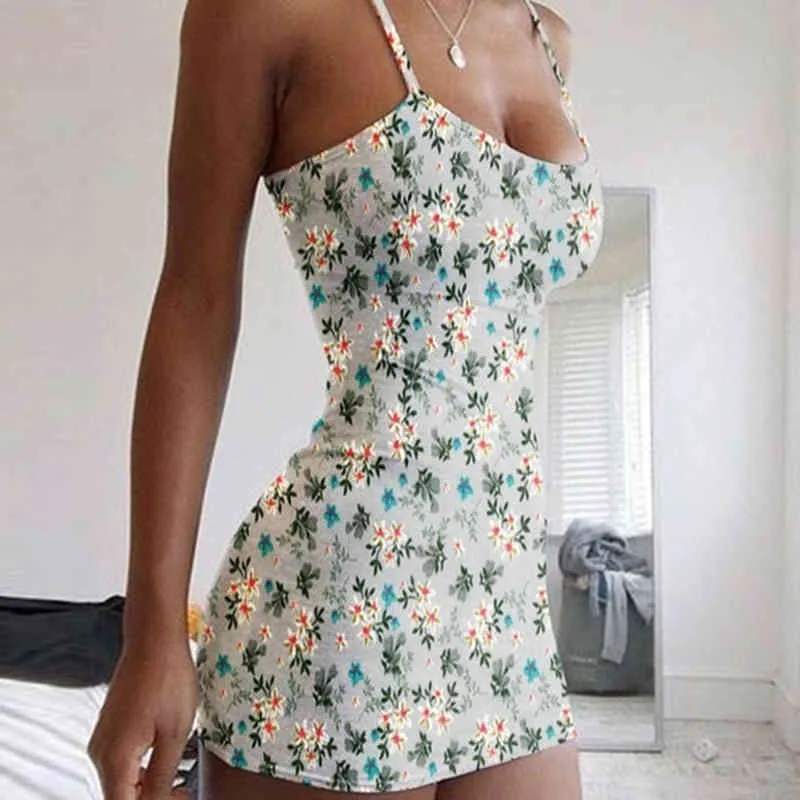 Sexig Spaghetti Strap Camisole Mini Dress Women Bodycon Club Party Dresses Sommar Blommigryck Sundress Plus Size XS-5XL 210507