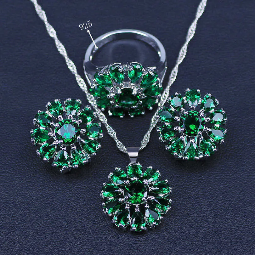 Flower Shining Bridal Jewelry Sets AAA Cubic Zircon Stone Silver Color Earrings Necklaces Rings for Wedding Party H1022