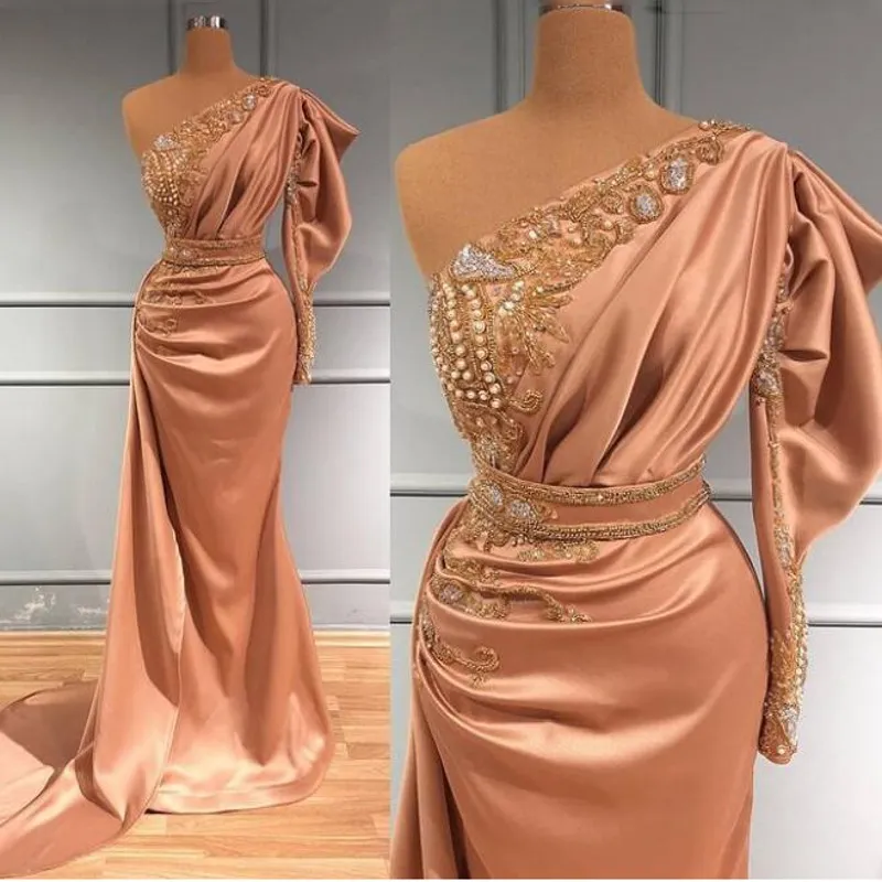 Elegant One Shoulder Evening Dresses Satin Appliques Beads Ruffles Long Sleeve Mermaid Prom Dress Saudi Arabia Robe De Soiree