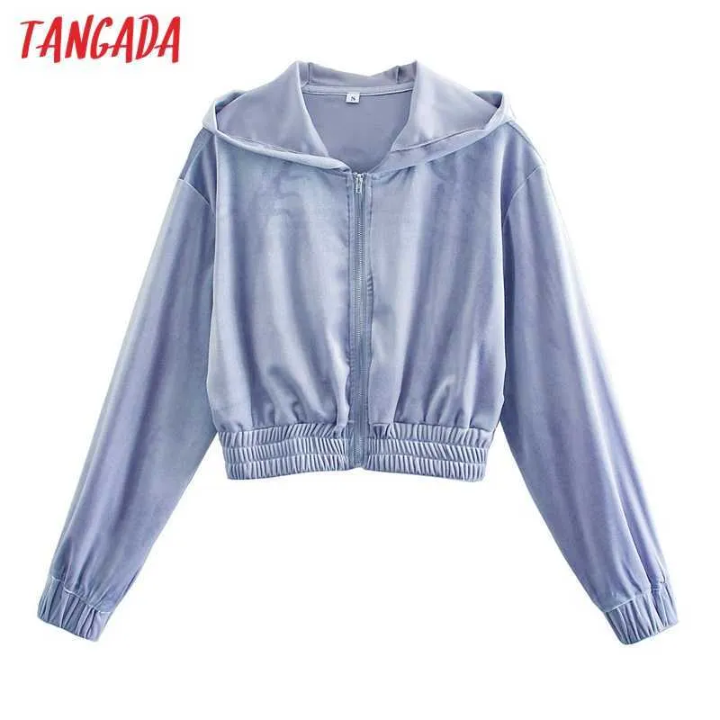 Tangada Women Velvetクロップパーカースウェットファッションレディースジッパーフード付きジャケットQJ108 210609