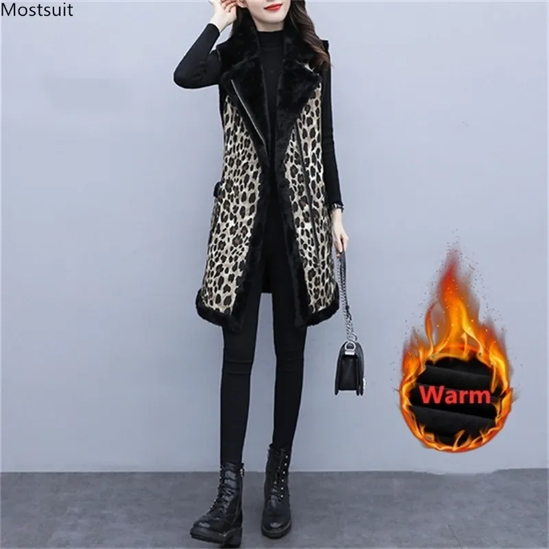 Winter Fashion Plus Size Long Leopard Black Vest Women Coat Turn Down Collar Tunic Thicken Warm Waistcoat Clothes ladies 210513