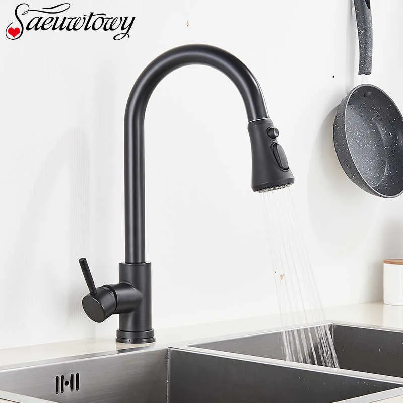 Saeuwtowy Matte Black Faucet Deck Installation Sink With Sprinkler Pull-Out Kitchen 360 Rotatble Basin 210724