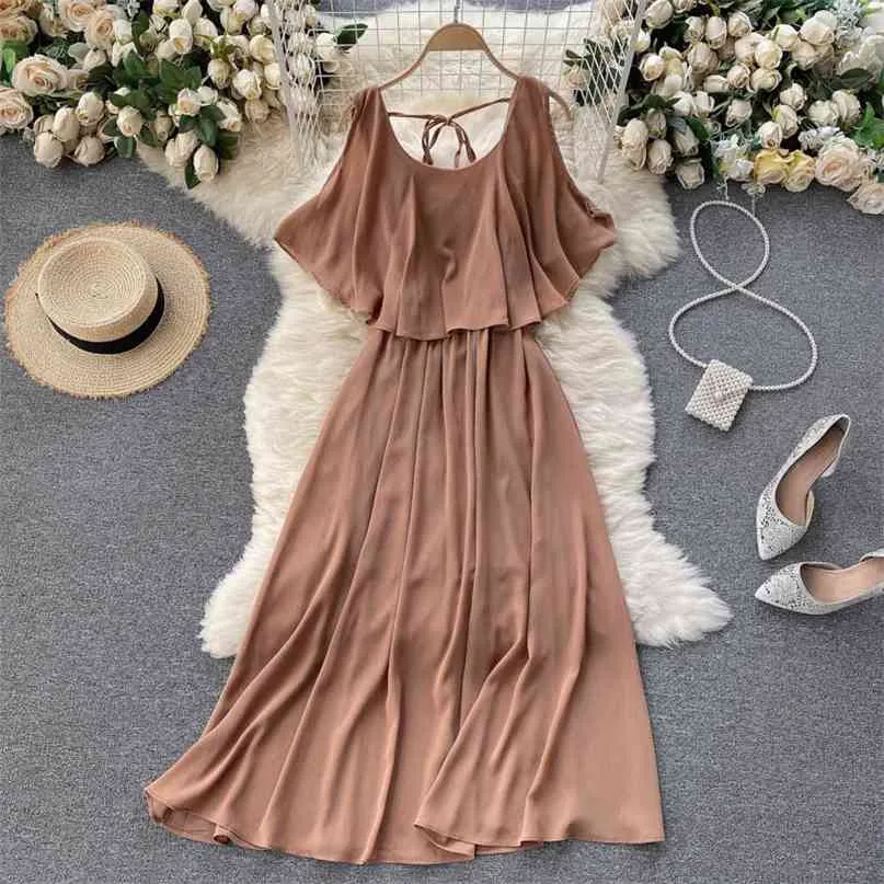 Mulheres moda chiffon vestido de verão redondo pescoço oco ruffled slim feriado férias cor sólida roupas vestidos s229 210527