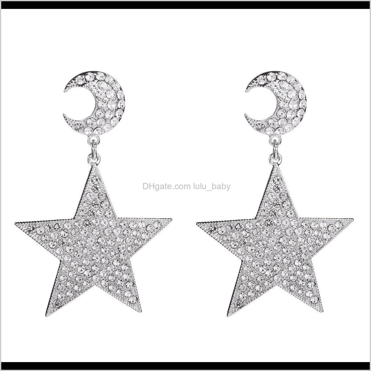 exaggerated alloy rhinestone diamond moon star full diamond earrings women`s fashion super flash eye-absorbing earrings cold wind