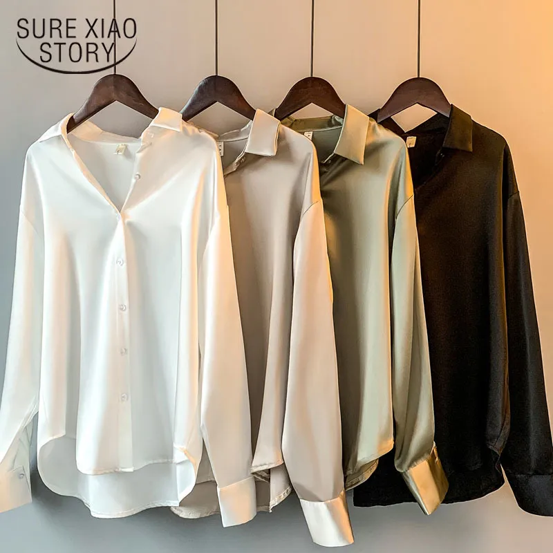 Autumn Fashion Button Up Satin Silk Shirt Vintage Blouse Women White Lady Long Sleeves Female Loose Streetwear Shirts 11355 210510