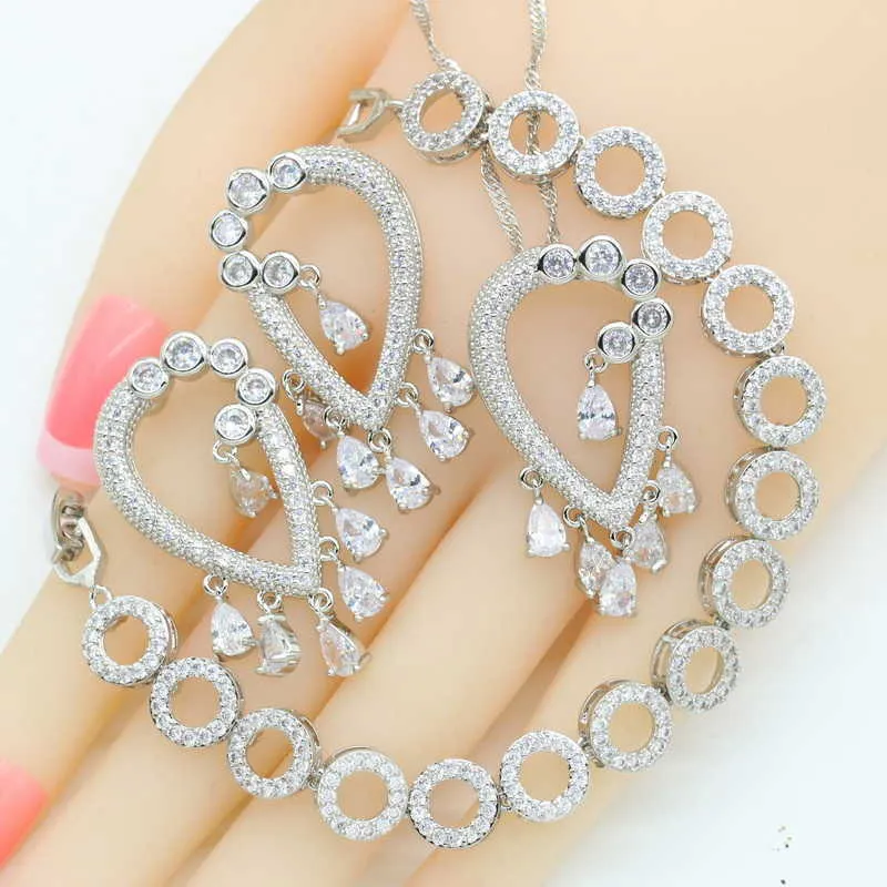 2021 nouveau blanc zircone couleur argent ensembles de bijoux de mariage pour les femmes collier pendentif Bracelets boucles d'oreilles boîte-cadeau H1022