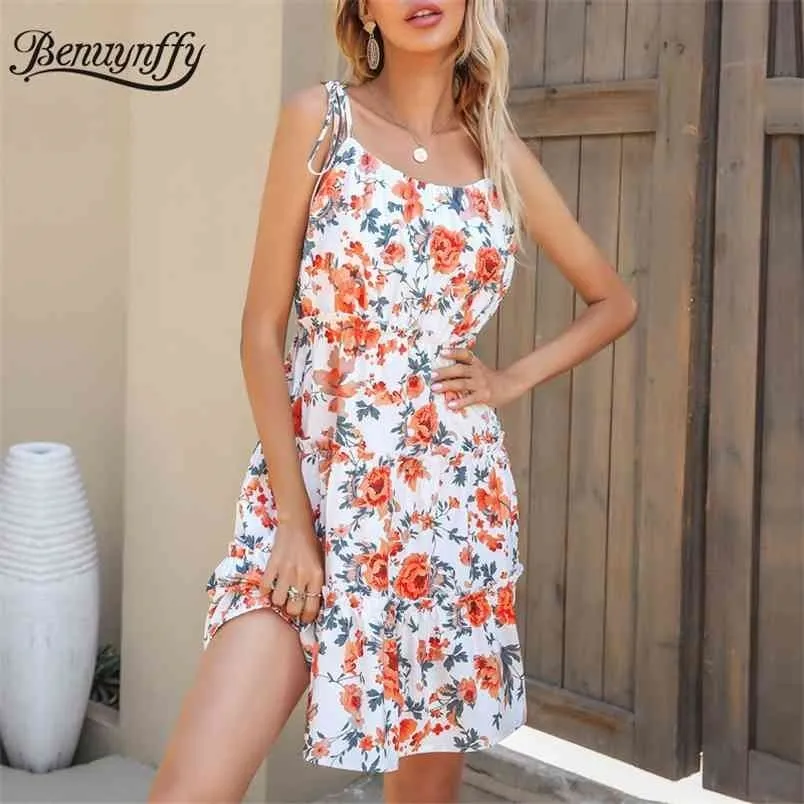 Tie Should Floral Impressão Bem Ruffle Vestidos Curtos Mulheres Boho Feriado Backless Casual A-Linha Verão Vestido de Praia 210510