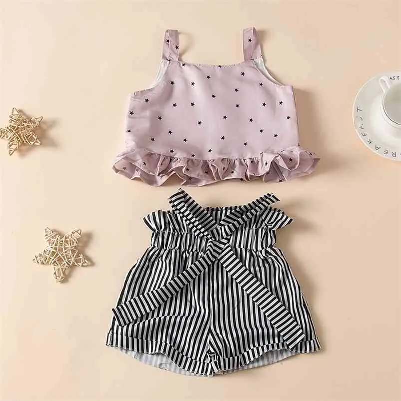 Sommer Kinder Sets Mode Strap Rüschen Drucken Stern Tops Gestreiften Bogen Shorts Casual 2 stücke Mädchen Kleidung 1-7T 210629