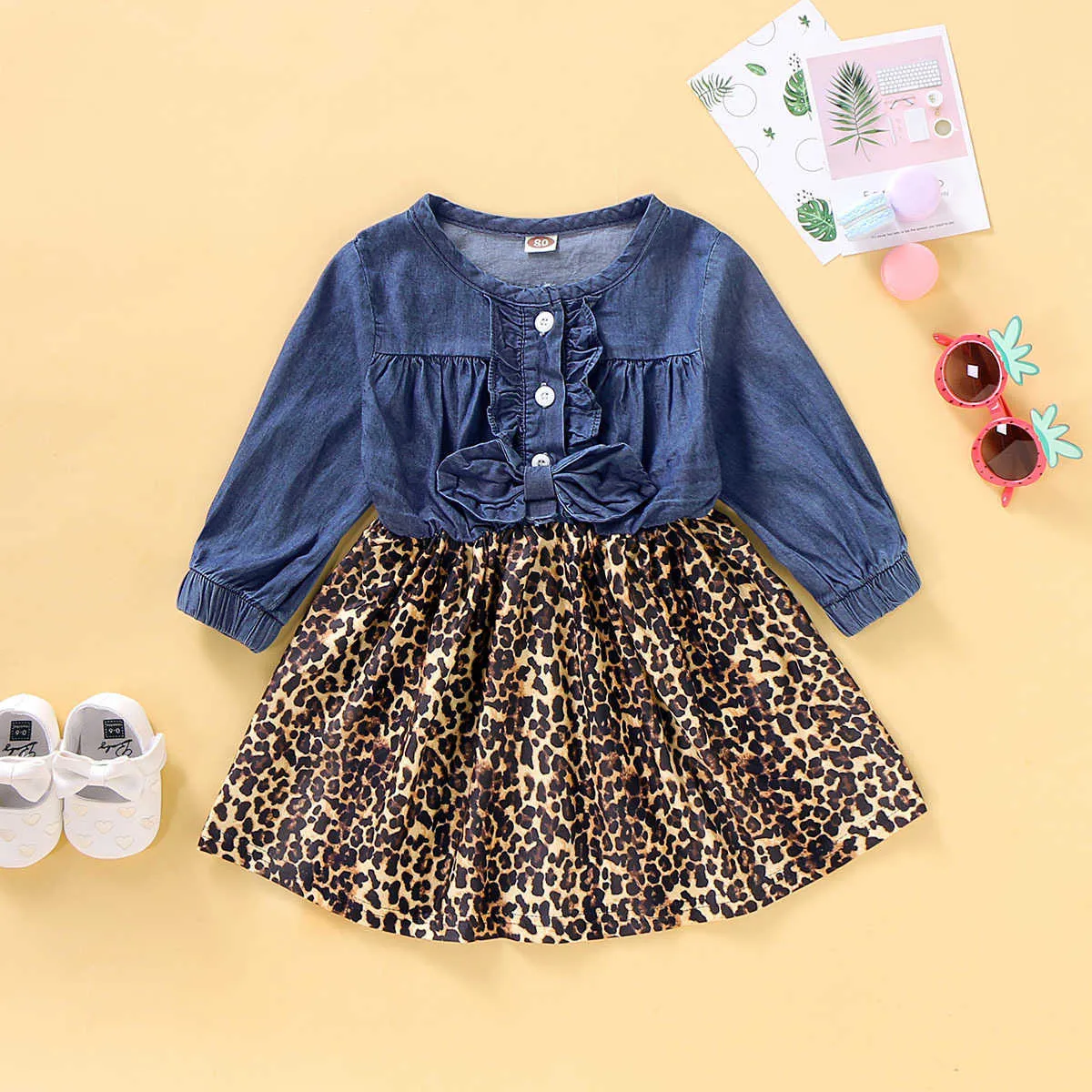 Autumn Toddler Kids Baby Girl Clothes Denim Patchwork Leopard Print DrPrincParty Dresses Wholesale X0803