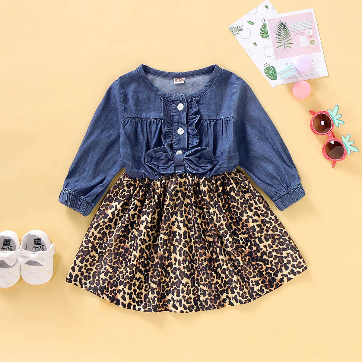 Herfst Peuter Kids Baby Meisje Kleding Denim Patchwork Leopard Print Drprincparty Jurken Groothandel X0803