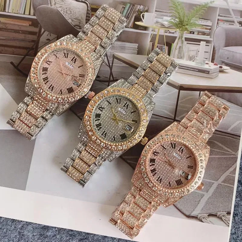 Mens Fashion Watch Iced Out Watches Automatic Calendar Dial 40mm Full Diamond Wristwatches