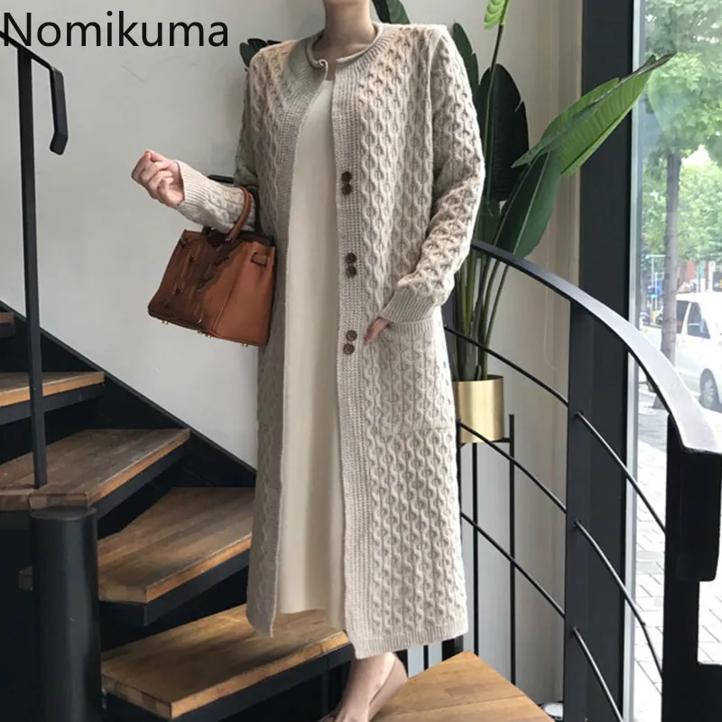 Nomikuma hiver pull femmes Cardigan manteau nouveau coréen solide torsadé col rond tricoté veste casual poches Pull Femme 6C021 210427