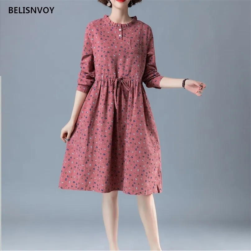 Mori Girl Höst Vår Kvinnor Ruffled Klänning Vintageblad Tryckt bomull Linen Elegant Vestidos Långärmad Rosa Brown Midi 210520