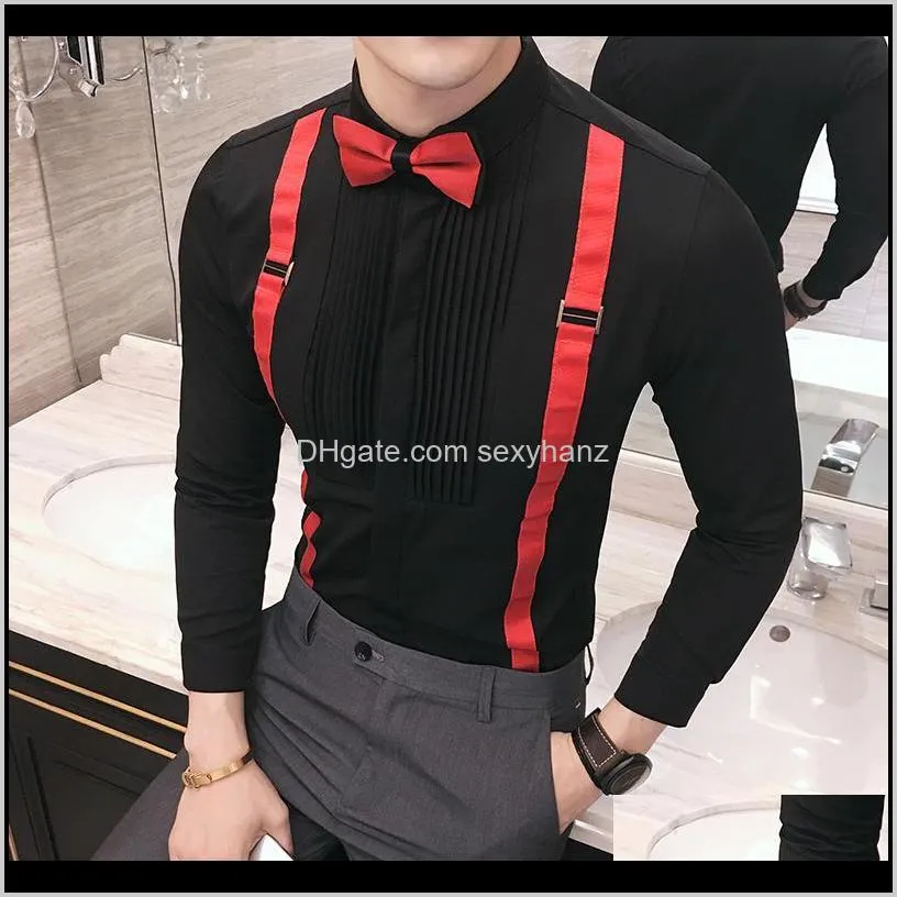 bow tie work shirt 2019 fashion designer male shirt slim fit black white club party performance stage clothing mens dress