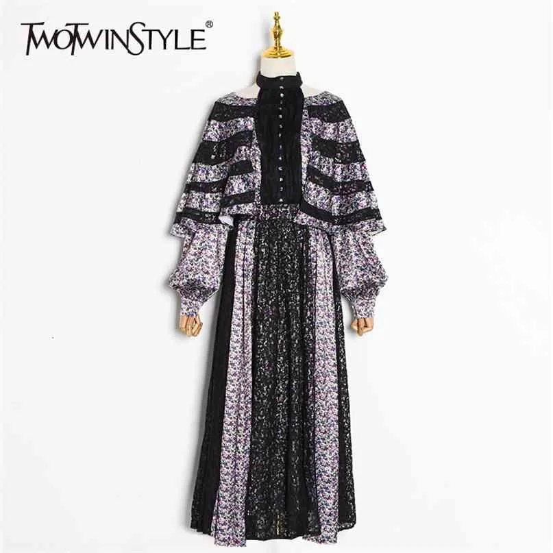 Patchwork Lace Printed Dress Female Long Bat Sleeve up Midi Dresses Women Fashion Clothes Spring 210520