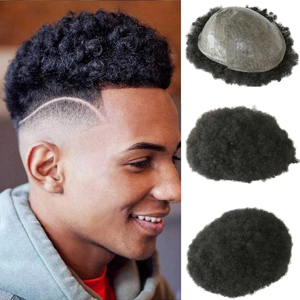 10MM 6MM Deep Curly Toupee Human Hair Skin Thin Base Unit System Men Hairpiece Pu 360 Wave Afro Male Toupees Replacement For Man261K