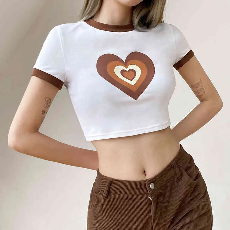 Womens White Y2K Kawaii Heart Print Crop Top Short Sleeve