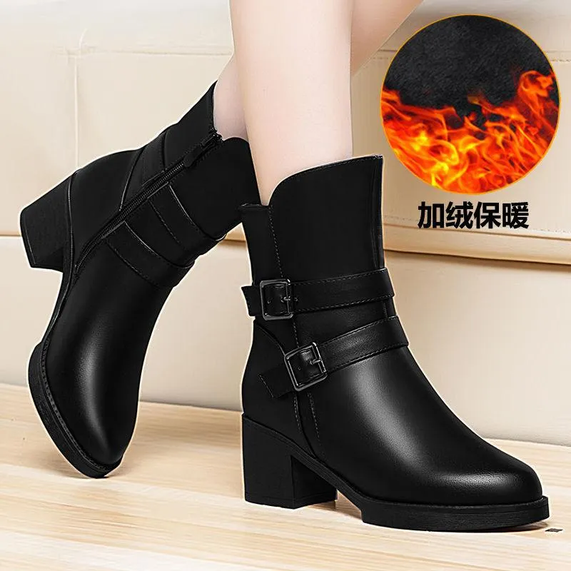 Female High Boots 2024 Mid-Calf Top Square Heel Zipper Leather Flat Shoes Women Buckle Goth Plus Size 94392