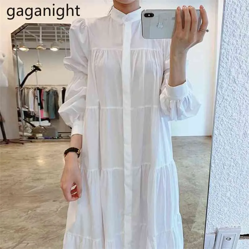 Mode Femmes Chemise Blanche Maxi Robe À Manches Longues Solide Robes Lâches Bureau Dame Simple Boutonnage Robes Drop 210601