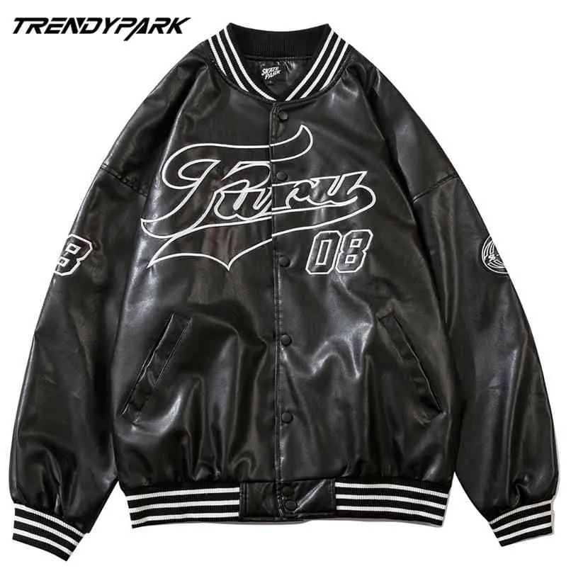 Men's Bomber Jacket Spring PU Leather Fabric Digital Letters Printed High Street Windbreaker Single Breasted Coat Clothing 210818