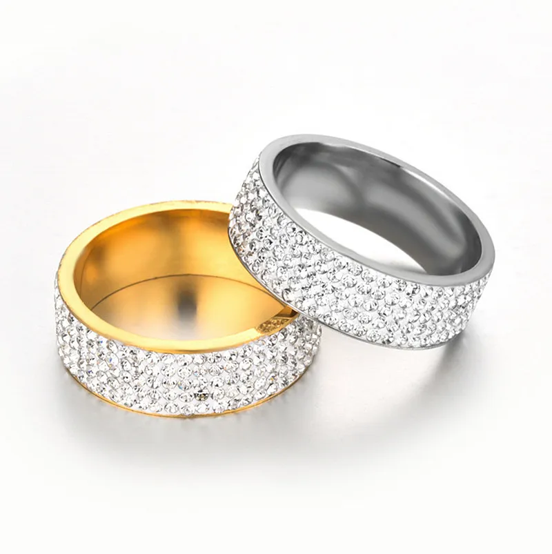 Fashion titanium staal 5 rij diamanten band ring mannen vrouwen roestvrij staal kristal ingelegde keramische klei ringen gouden zilveren kleur allergie gratis ring mooie sieraden