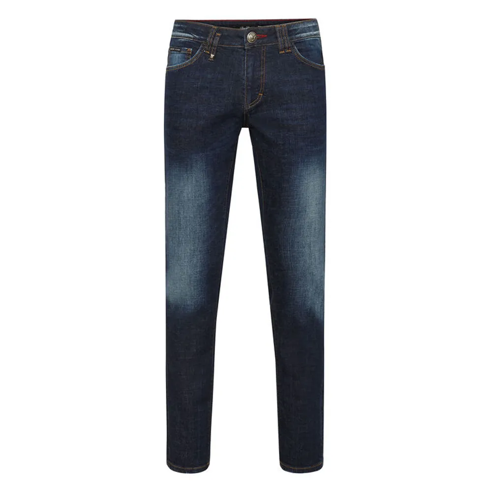 PLEIN BEAR Moda clásica PP Hombre Jeans Rock Moto Diseño casual para hombre Pantalones rasgados Vaqueros pitillo desgastados Biker PLEIN Jeans 157509