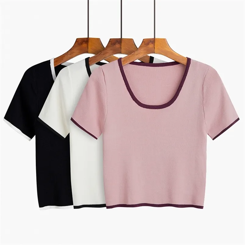 T-shirt de malha das mulheres de verão tops coreano retrô sexy rosa branco o-pescoço curto knit camisetas mulheres gd352 210506