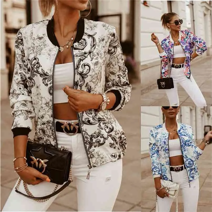 Leosoxs Flower Print Long Sleeve Women s Bomber Jacket Fashion Zipper Up Vintage Coat Tops Elegant Slim Basic Ladies Jackets 210922