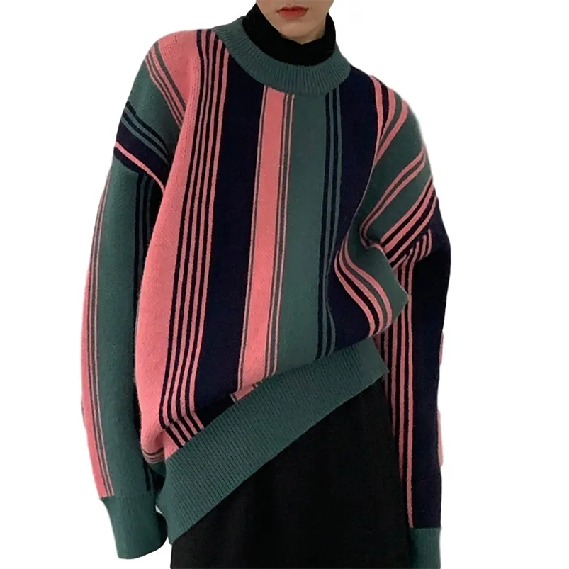 Women's Striped Sweater Contrast Stitching Patchwork O-Neck Long-sleeved Turtle-Neck Loose Pullover Female Tops GXL1024 210507