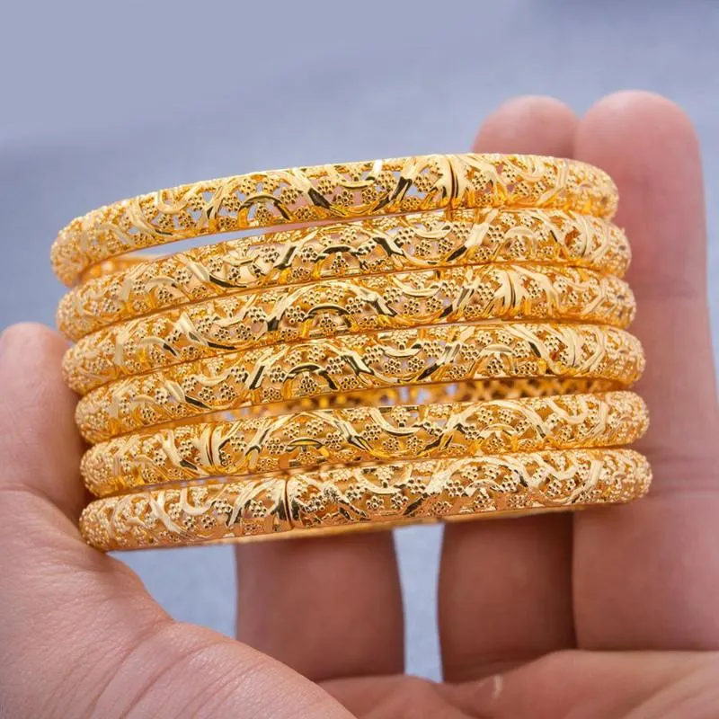 24k 6Pcs Gold Color Dubai India Bangles For Women African Bridal Bracelets Wedding Jewellery Gifts Bangle