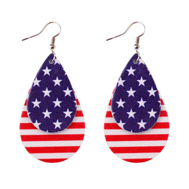 Zwpon Fashion American Flag Stars Stripes Layered Leather Earrings Fashion Flag Pu Leather Statement Teardrop Earrings Jewelry Q0709